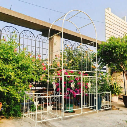 Metal Garden Arch with Gate 79.5 Widex 86.6 High Climbing Plants Support Arch Outdoor White