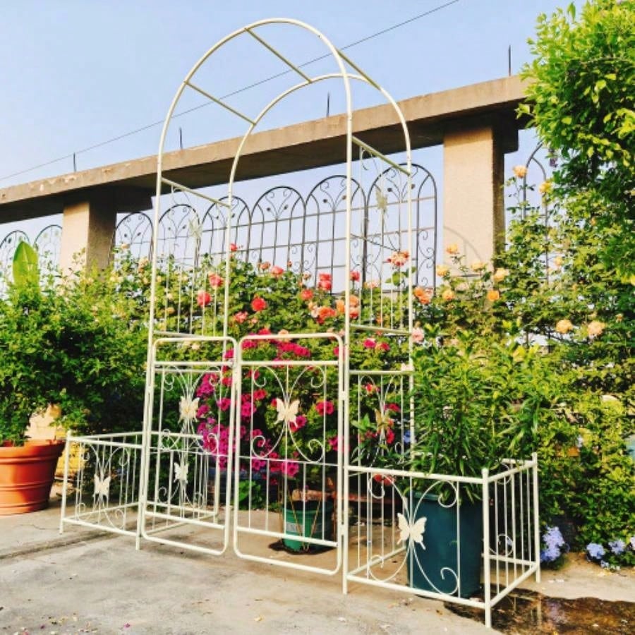 Metal Garden Arch with Gate 79.5 Widex 86.6 High Climbing Plants Support Arch Outdoor White