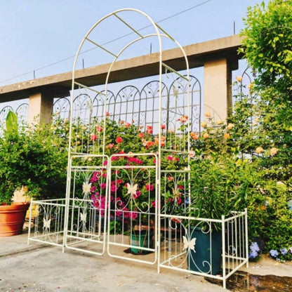 Metal Garden Arch with Gate 79.5 Widex 86.6 High Climbing Plants Support Arch Outdoor White