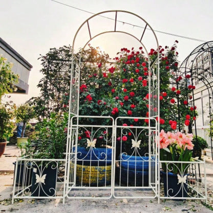 Metal Garden Arch with Gate 79.5 Widex 86.6 High Climbing Plants Support Arch Outdoor White