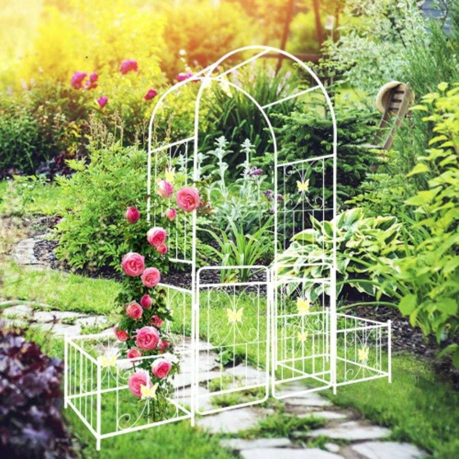Metal Garden Arch with Gate 79.5 Widex 86.6 High Climbing Plants Support Arch Outdoor White