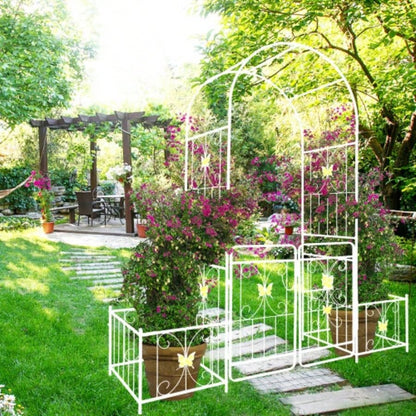 Metal Garden Arch with Gate 79.5 Widex 86.6 High Climbing Plants Support Arch Outdoor White