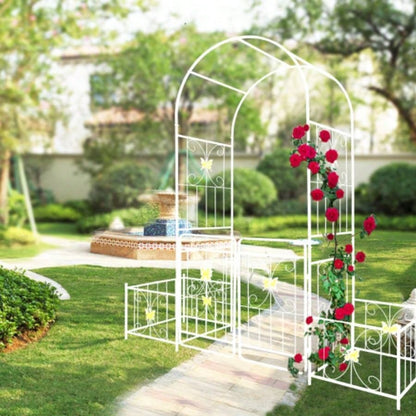 Metal Garden Arch with Gate 79.5 Widex 86.6 High Climbing Plants Support Arch Outdoor White