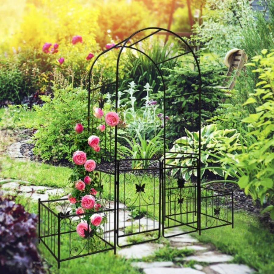 Metal Garden Arch with Gate 79.5 Widex 86.6 High Climbing Plants Support Arch Outdoor White