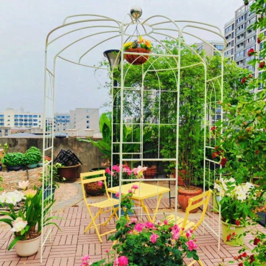 Metal Garden Arch Iron Garden Arbors Gazebo Dia 81.3x 114.2 High Shape Pergola Pavilion Wedding Ceremony White