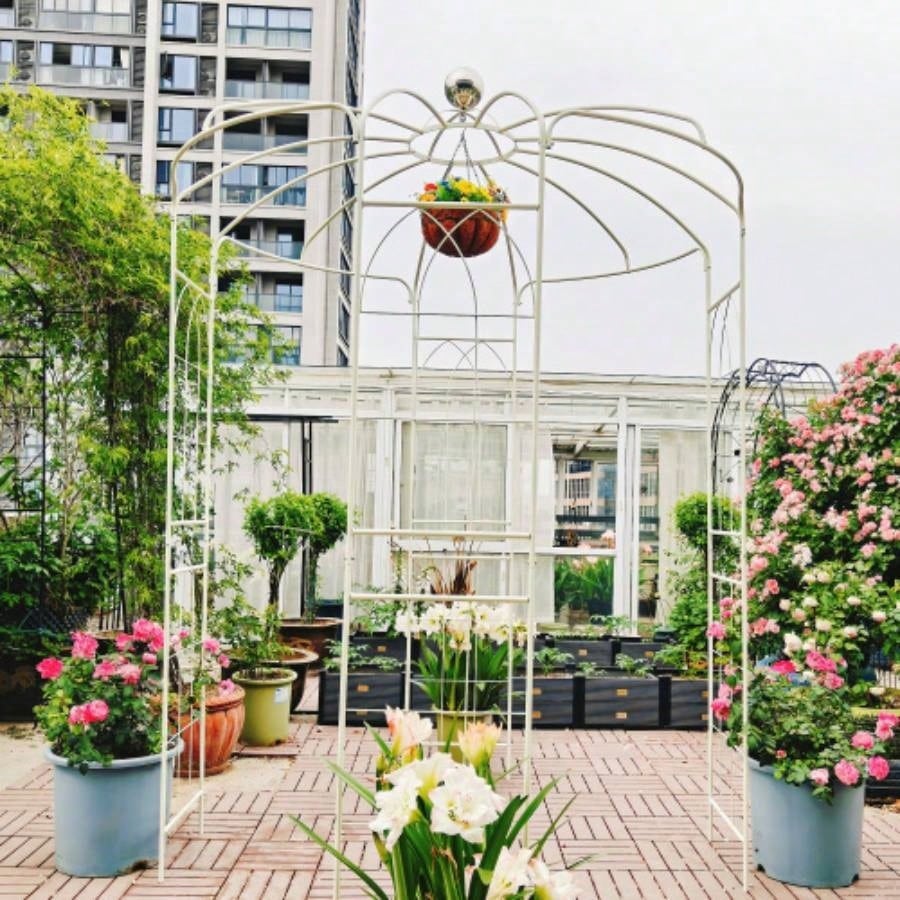 Metal Garden Arch Iron Garden Arbors Gazebo Dia 81.3x 114.2 High Shape Pergola Pavilion Wedding Ceremony White