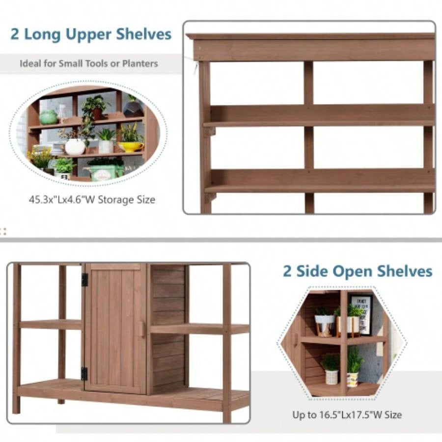 TOPMAX 66 Large Outdoor Farmhouse Wooden Potting Table, Garden Workstation with 2 Drawers, Cabinet and Open Shelves Backyard, Mudroom, Brown