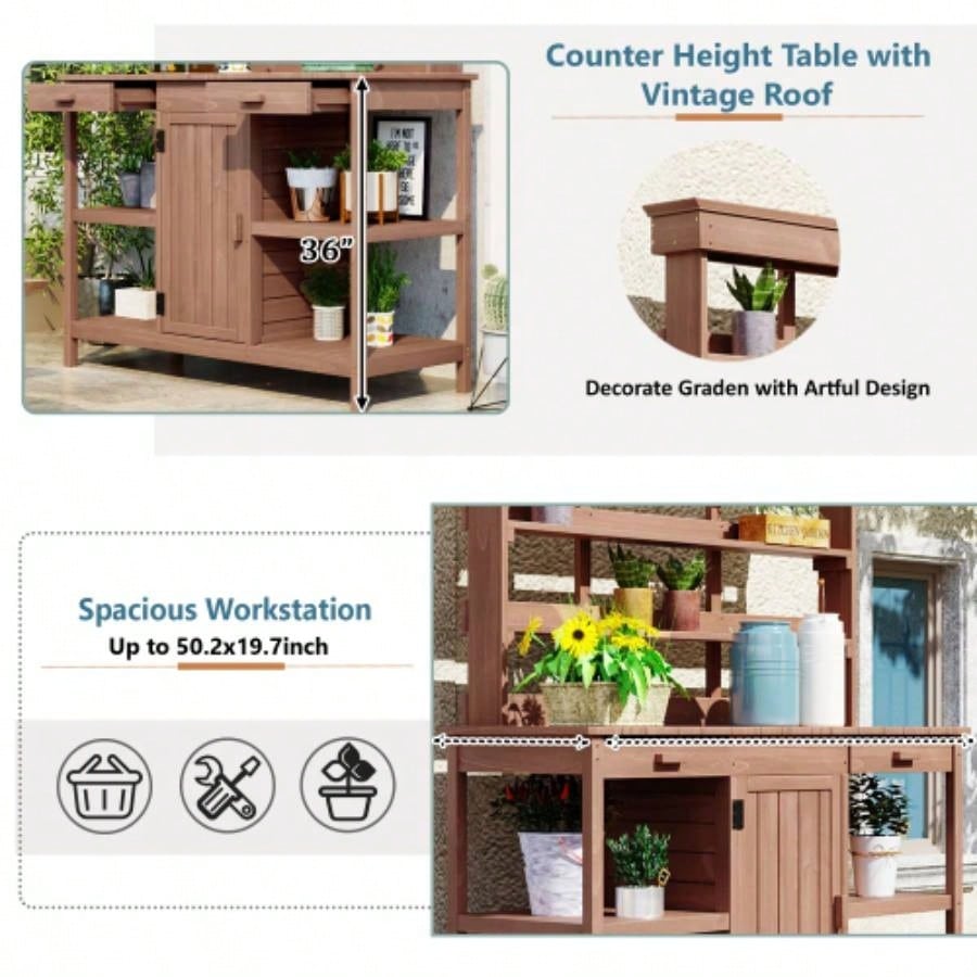 TOPMAX 66 Large Outdoor Farmhouse Wooden Potting Table, Garden Workstation with 2 Drawers, Cabinet and Open Shelves Backyard, Mudroom, Brown