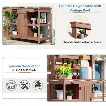 TOPMAX 66 Large Outdoor Farmhouse Wooden Potting Table, Garden Workstation with 2 Drawers, Cabinet and Open Shelves Backyard, Mudroom, Brown