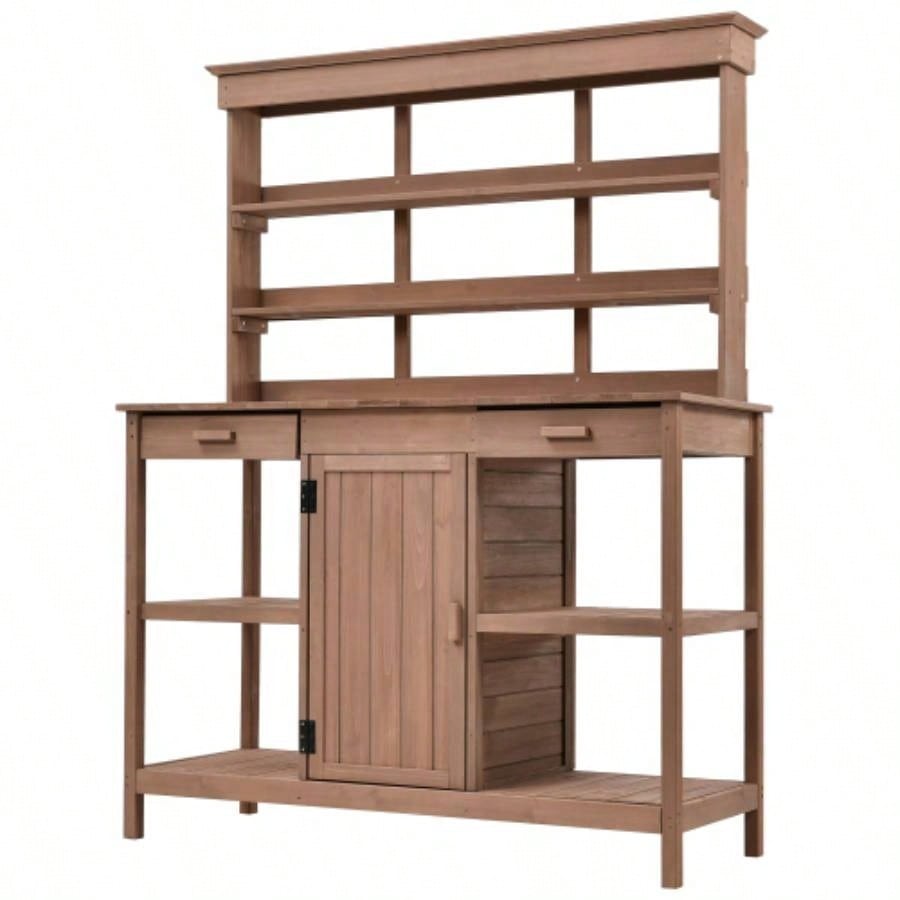 TOPMAX 66 Large Outdoor Farmhouse Wooden Potting Table, Garden Workstation with 2 Drawers, Cabinet and Open Shelves Backyard, Mudroom, Brown