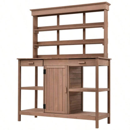 TOPMAX 66 Large Outdoor Farmhouse Wooden Potting Table, Garden Workstation with 2 Drawers, Cabinet and Open Shelves Backyard, Mudroom, Brown