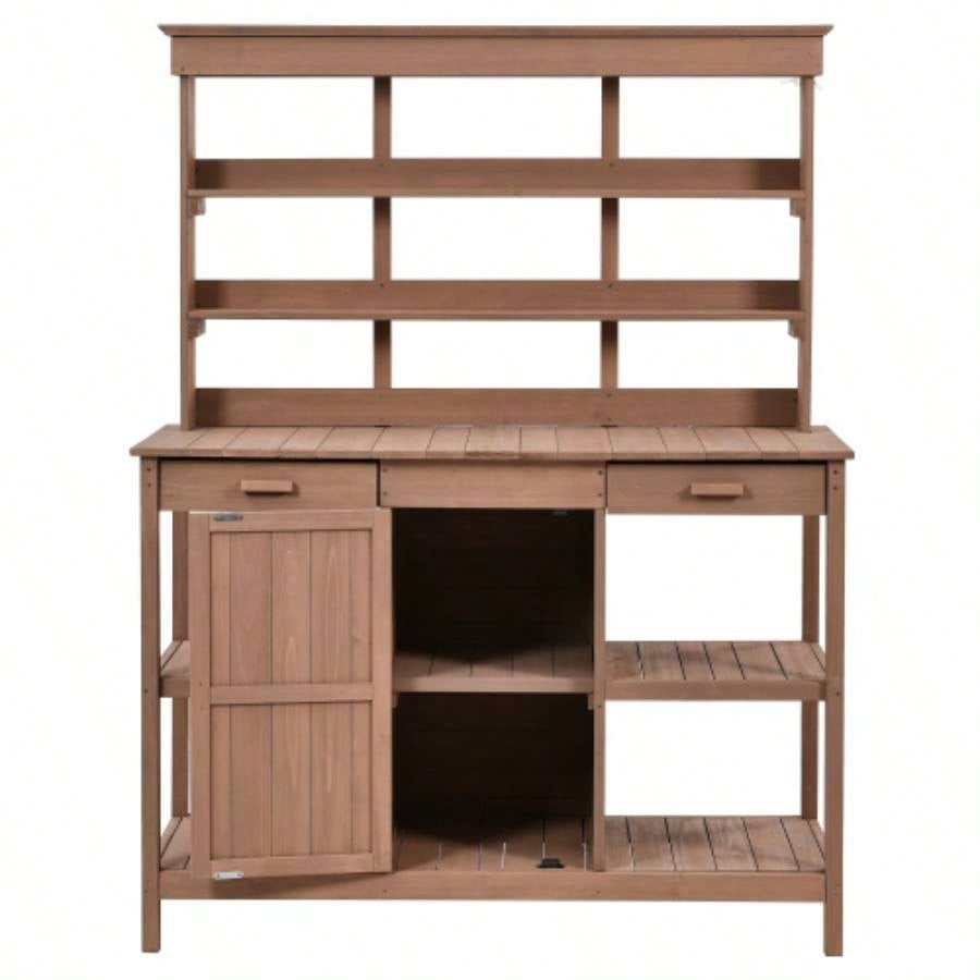TOPMAX 66 Large Outdoor Farmhouse Wooden Potting Table, Garden Workstation with 2 Drawers, Cabinet and Open Shelves Backyard, Mudroom, Brown