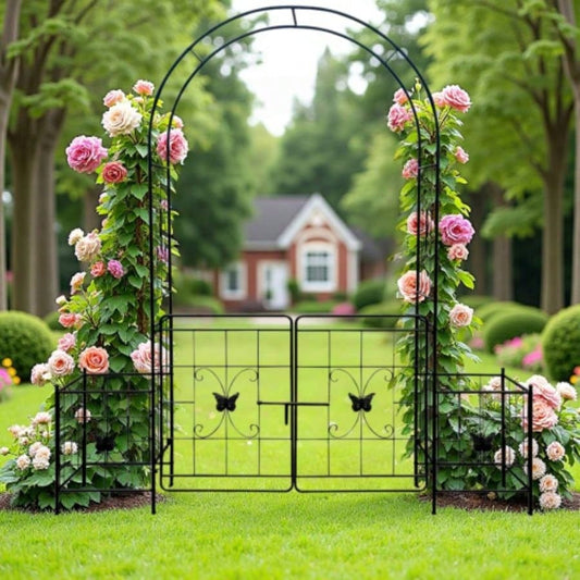 Garden Arch Arbor Trellis Climbing Plants with Gate, Durable Metal Garden Arch Outdoor Wedding Arch, Wedding Ceremony Party Plant Climbing Vines Lawn Courtyard Patio Black, 15ft