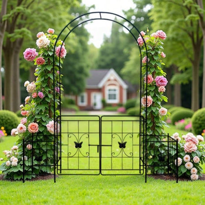 Garden Arch Arbor Trellis Climbing Plants with Gate, Durable Metal Garden Arch Outdoor Wedding Arch, Wedding Ceremony Party Plant Climbing Vines Lawn Courtyard Patio Black, 15ft