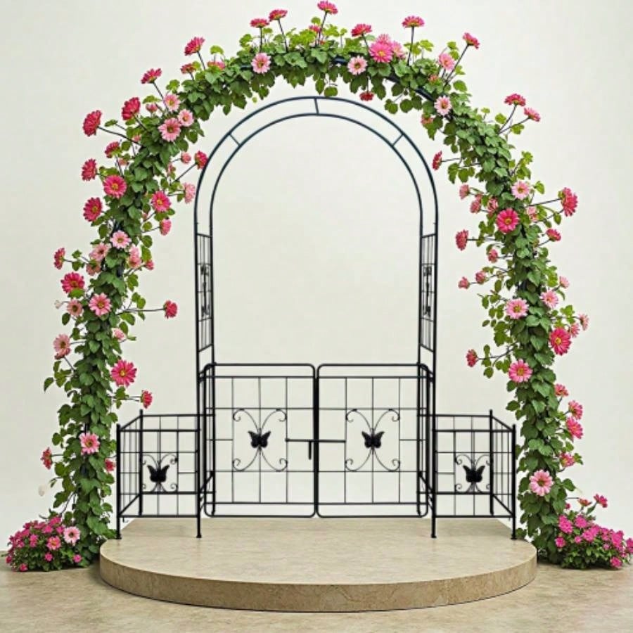 Garden Arch Arbor Trellis Climbing Plants with Gate, Durable Metal Garden Arch Outdoor Wedding Arch, Wedding Ceremony Party Plant Climbing Vines Lawn Courtyard Patio Black, 15ft