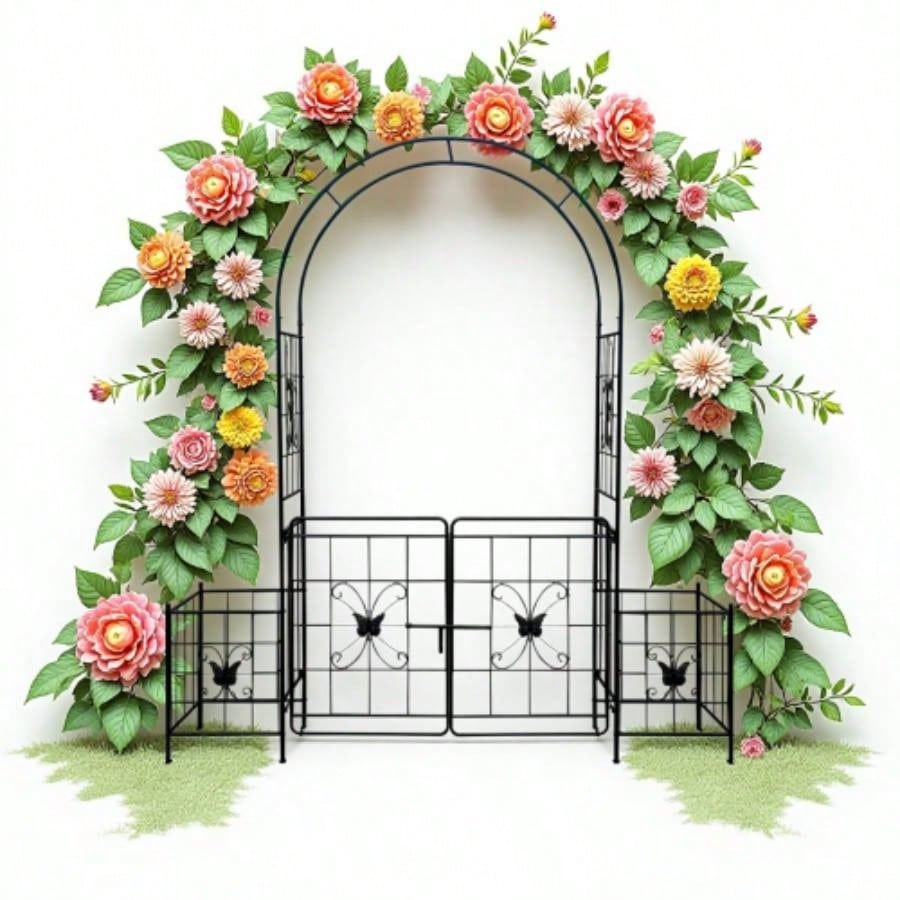 Garden Arch Arbor Trellis Climbing Plants with Gate, Durable Metal Garden Arch Outdoor Wedding Arch, Wedding Ceremony Party Plant Climbing Vines Lawn Courtyard Patio Black, 15ft