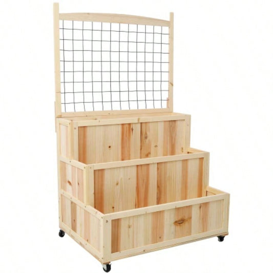 3 - Tiers Raised Garden Bed with Trellis, 53 H Vertical Planter Box with Wheels Back Storage Area, Flowers, Vegetables, Herbs, Natural