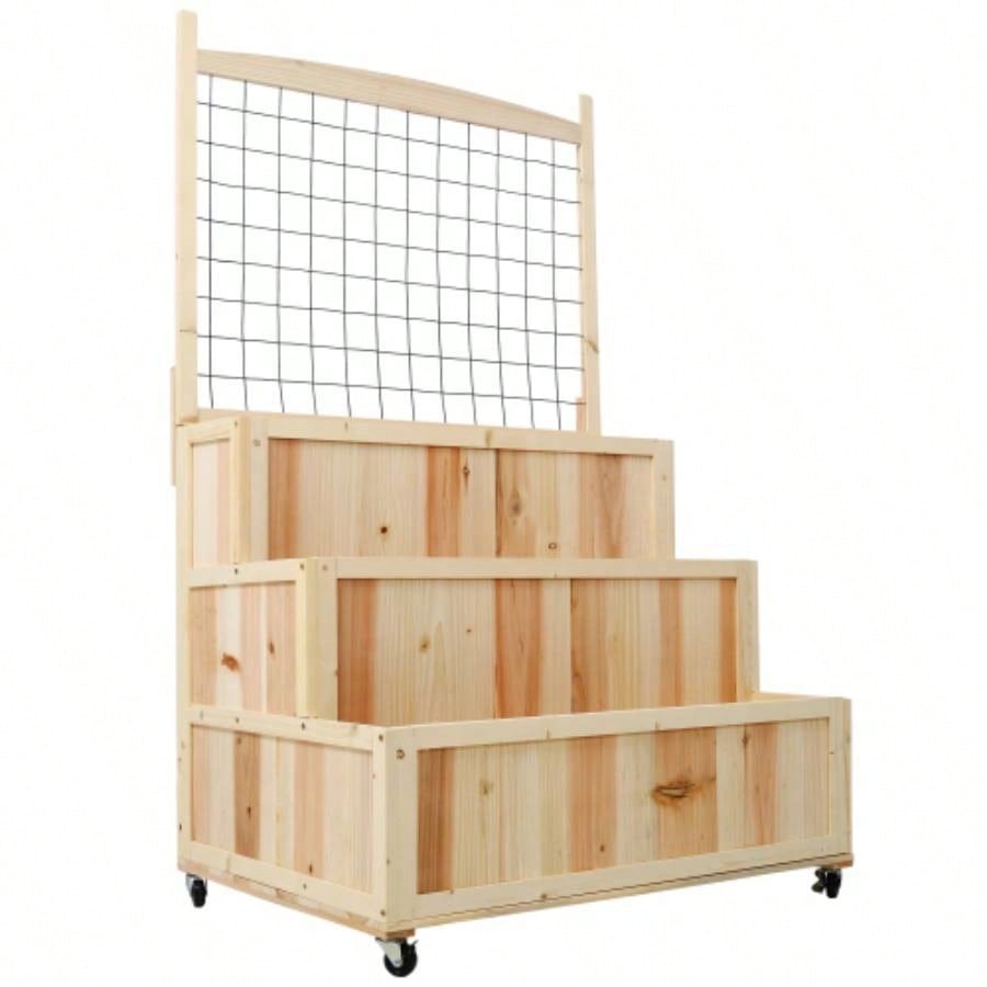 3 - Tiers Raised Garden Bed with Trellis, 53 H Vertical Planter Box with Wheels Back Storage Area, Flowers, Vegetables, Herbs, Natural
