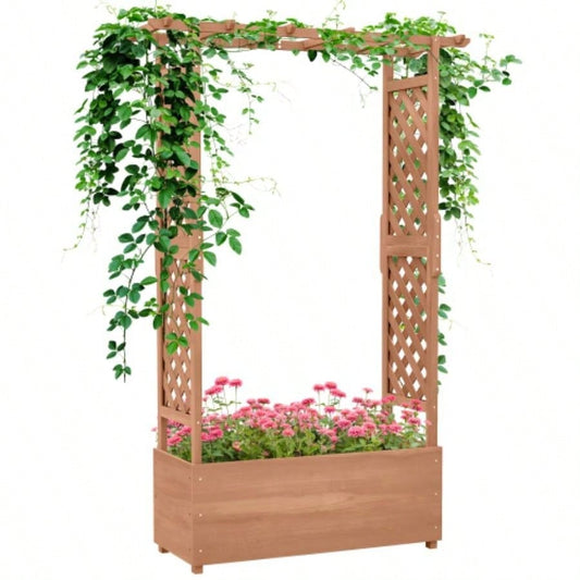 Outsunny Raised Garden Bed with Arch Trellis Vine Climbing Plants, Hanging Flowers, 70.75 Tall Outdoor Wood Planter Box with Drainage Hole Fabric Backyard, Patio, Brown
