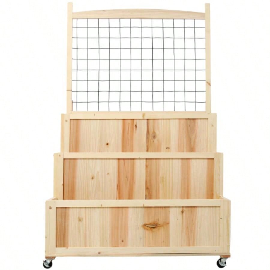 3 - Tiers Raised Garden Bed with Trellis, 53 H Vertical Planter Box with Wheels Back Storage Area, Flowers, Vegetables, Herbs, Natural