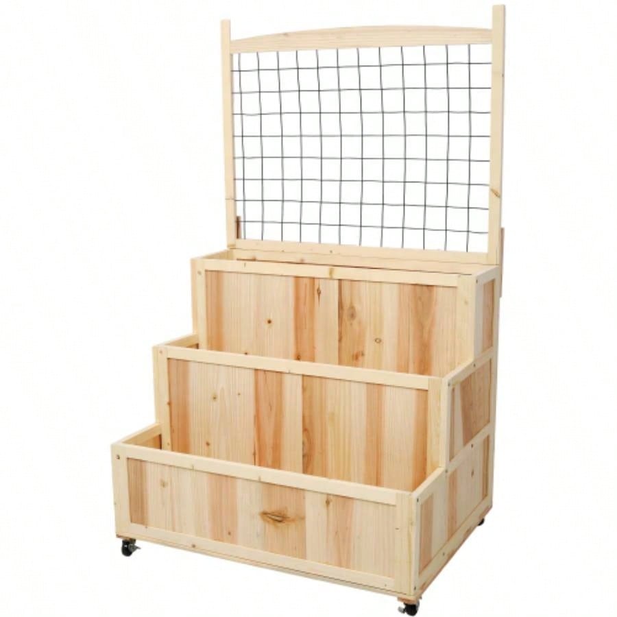 3 - Tiers Raised Garden Bed with Trellis, 53 H Vertical Planter Box with Wheels Back Storage Area, Flowers, Vegetables, Herbs, Natural