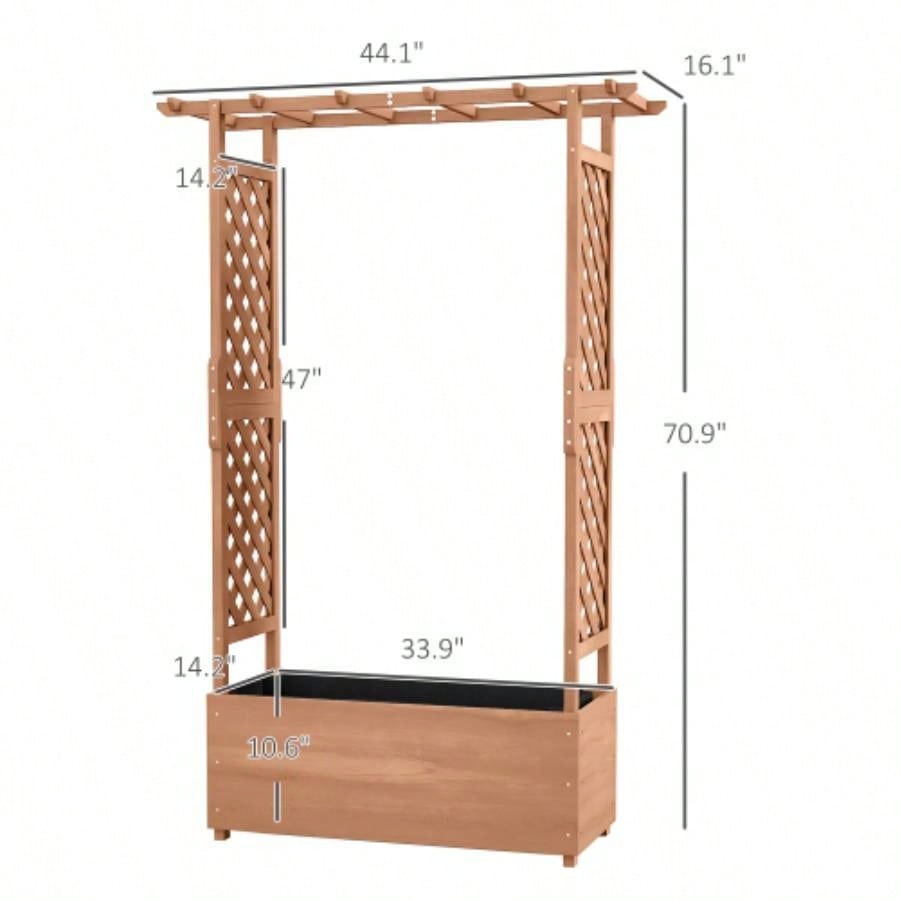 Outsunny Raised Garden Bed with Arch Trellis Vine Climbing Plants, Hanging Flowers, 70.75 Tall Outdoor Wood Planter Box with Drainage Hole Fabric Backyard, Patio, Brown