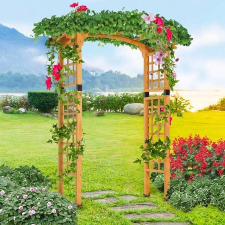 Outsunny 90in Wood Garden Arbor Arch with Trellis Wall Climbing Hanging Plants, Decor Party, Weddings, Birthdays Backyards