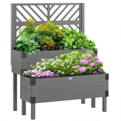 Outsunny Raised Garden Bed with Trellis, 2 Tier Wooden Elevated Planter Box with and Metal Corners, Vegetables, Flowers, Herbs, Gray
