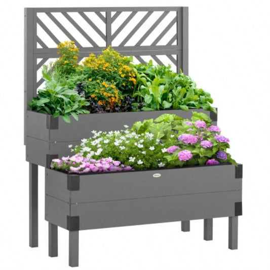 Outsunny Raised Garden Bed with Trellis, 2 Tier Wooden Elevated Planter Box with and Metal Corners, Vegetables, Flowers, Herbs, Gray