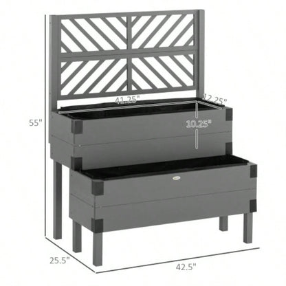 Outsunny Raised Garden Bed with Trellis, 2 Tier Wooden Elevated Planter Box with and Metal Corners, Vegetables, Flowers, Herbs, Gray