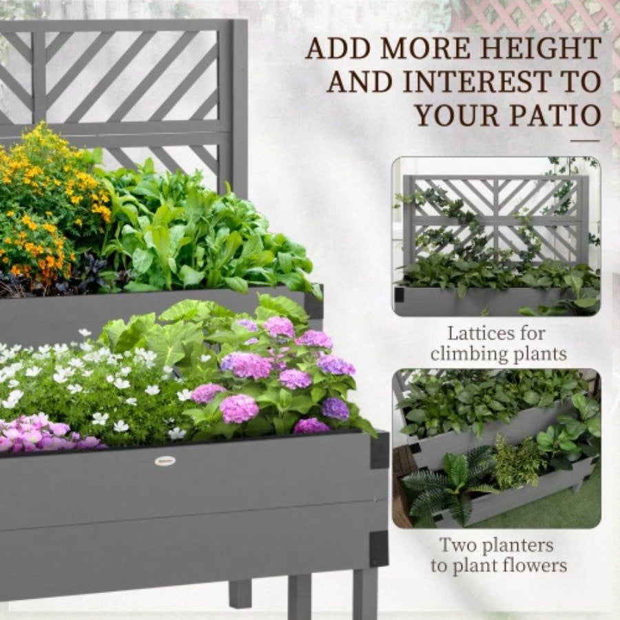 Outsunny Raised Garden Bed with Trellis, 2 Tier Wooden Elevated Planter Box with and Metal Corners, Vegetables, Flowers, Herbs, Gray