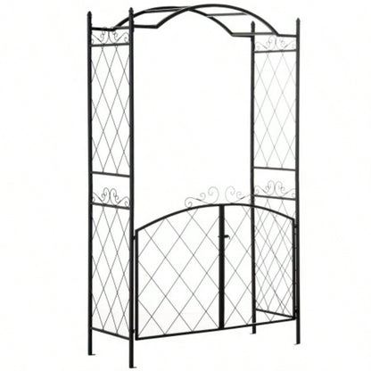 Outsunny 85 Garden Arch Arbor, Metal Arch Trellis with Gate, Garden Archway Climbing Vines, Wedding Ceremony Decoration, Black