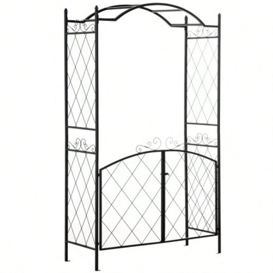 Outsunny 85 Garden Arch Arbor, Metal Arch Trellis with Gate, Garden Archway Climbing Vines, Wedding Ceremony Decoration, Black
