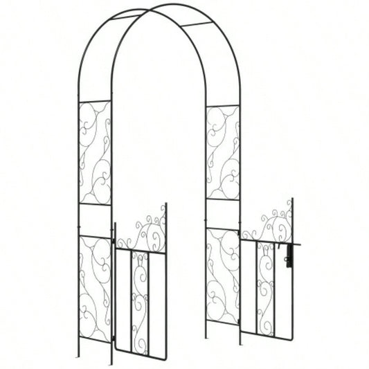 Outsunny. 5 Metal Garden Arch with Gate, Garden Arbor Trellis Climbing Plants, Roses, Vines, Wedding Arch Outdoor Garden, Lawn, Backyard, Black