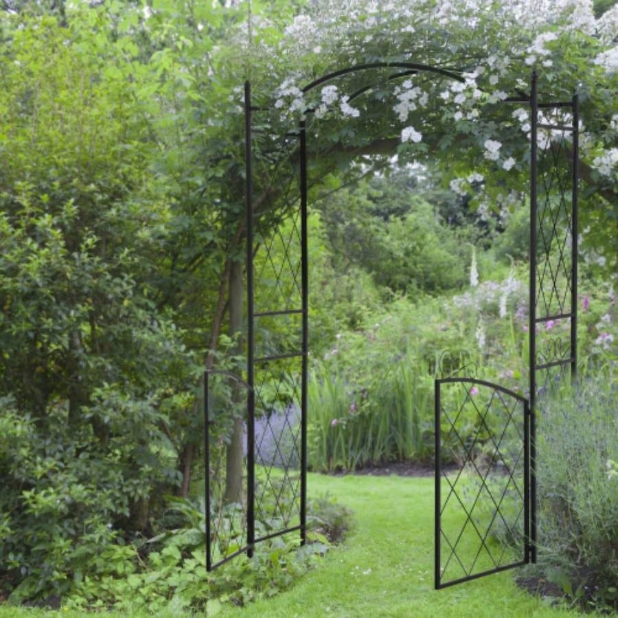 Outsunny 85 Garden Arch Arbor, Metal Arch Trellis with Gate, Garden Archway Climbing Vines, Wedding Ceremony Decoration, Black