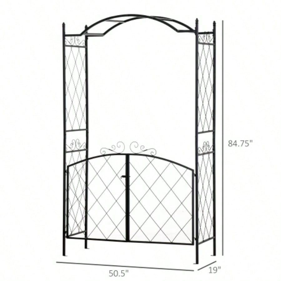 Outsunny 85 Garden Arch Arbor, Metal Arch Trellis with Gate, Garden Archway Climbing Vines, Wedding Ceremony Decoration, Black