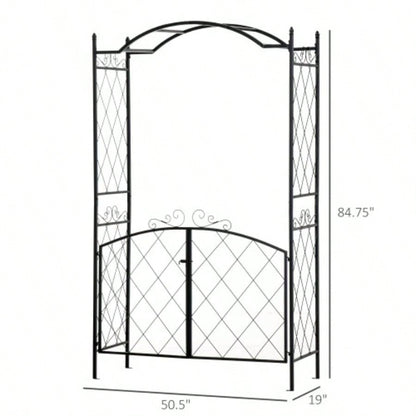 Outsunny 85 Garden Arch Arbor, Metal Arch Trellis with Gate, Garden Archway Climbing Vines, Wedding Ceremony Decoration, Black