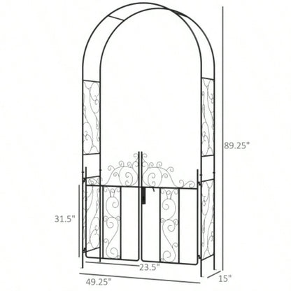 Outsunny. 5 Metal Garden Arch with Gate, Garden Arbor Trellis Climbing Plants, Roses, Vines, Wedding Arch Outdoor Garden, Lawn, Backyard, Black