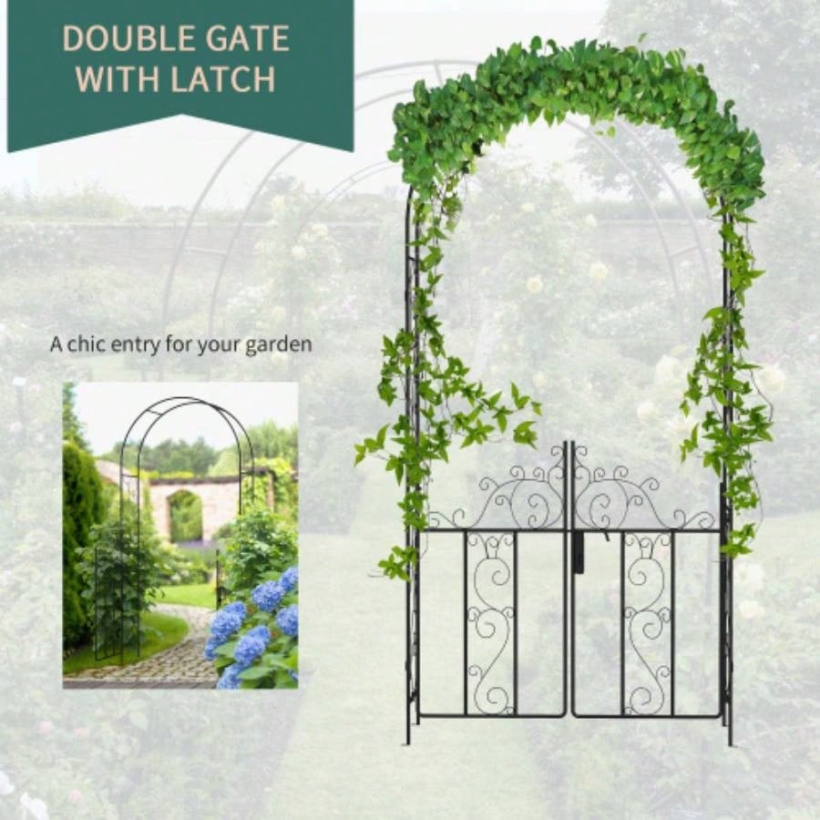 Outsunny. 5 Metal Garden Arch with Gate, Garden Arbor Trellis Climbing Plants, Roses, Vines, Wedding Arch Outdoor Garden, Lawn, Backyard, Black
