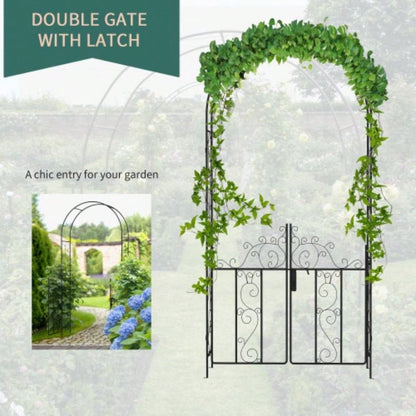 Outsunny. 5 Metal Garden Arch with Gate, Garden Arbor Trellis Climbing Plants, Roses, Vines, Wedding Arch Outdoor Garden, Lawn, Backyard, Black