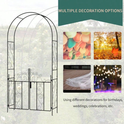 Outsunny. 5 Metal Garden Arch with Gate, Garden Arbor Trellis Climbing Plants, Roses, Vines, Wedding Arch Outdoor Garden, Lawn, Backyard, Black