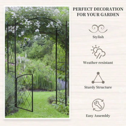 Outsunny 85 Garden Arch Arbor, Metal Arch Trellis with Gate, Garden Archway Climbing Vines, Wedding Ceremony Decoration, Black