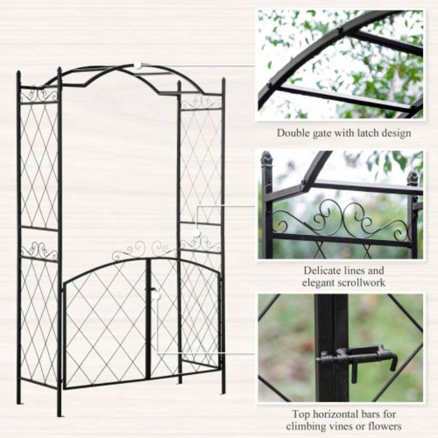 Outsunny 85 Garden Arch Arbor, Metal Arch Trellis with Gate, Garden Archway Climbing Vines, Wedding Ceremony Decoration, Black