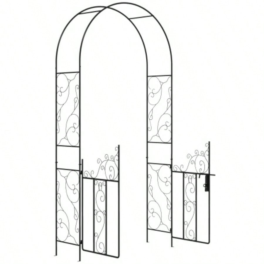 Outsunny. 5 Metal Garden Arch with Gate, Garden Arbor Trellis Climbing Plants, Roses, Vines, Wedding Arch Outdoor Garden, Lawn, Backyard, Black