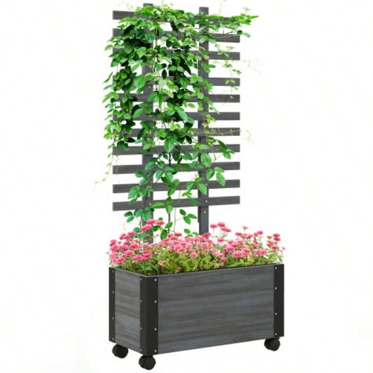 Outsunny Raised Garden Bed with Trellis, 58 Outdoor Wooden Planter Box with Wheels, Vine Plants Flowers Climbing and Planting, Gray