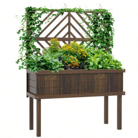 Outsunny Raised Garden Bed with Trellis Climbing Plants, Vegetable, Grape Vines, Wood Planter with, Drainage Holes and Outdoor Garden, Patio, Carbonized