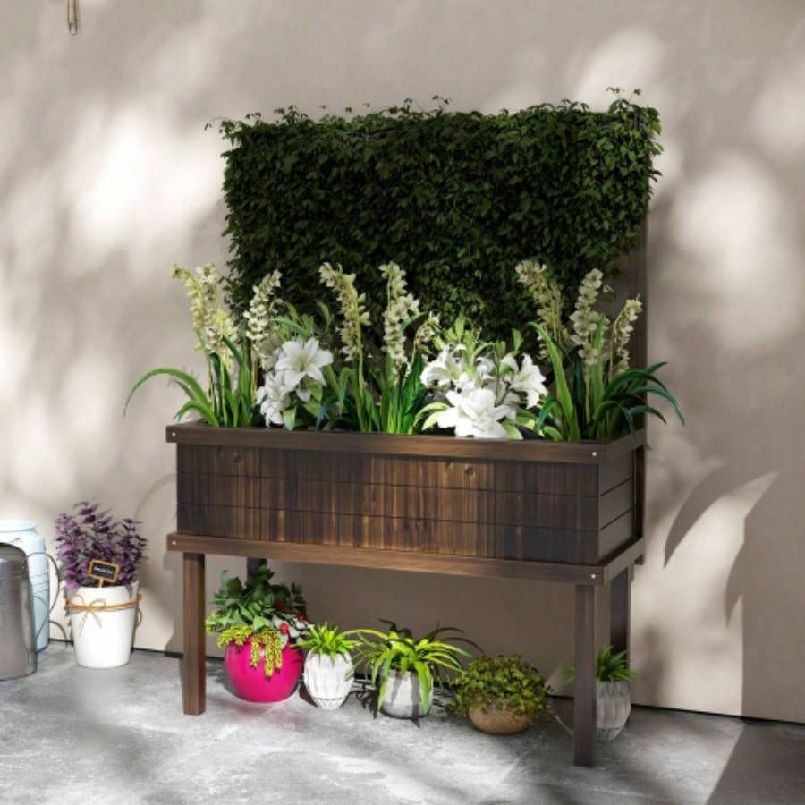 Outsunny Raised Garden Bed with Trellis Climbing Plants, Vegetable, Grape Vines, Wood Planter with, Drainage Holes and Outdoor Garden, Patio, Carbonized