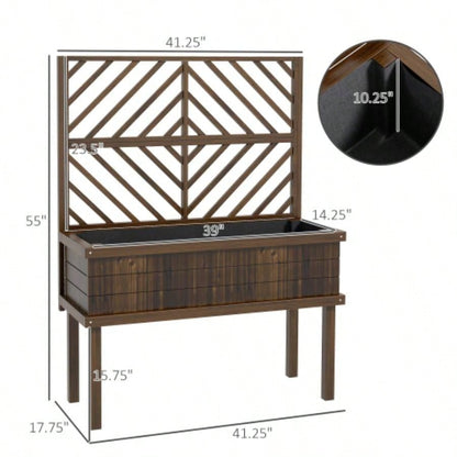 Outsunny Raised Garden Bed with Trellis Climbing Plants, Vegetable, Grape Vines, Wood Planter with, Drainage Holes and Outdoor Garden, Patio, Carbonized