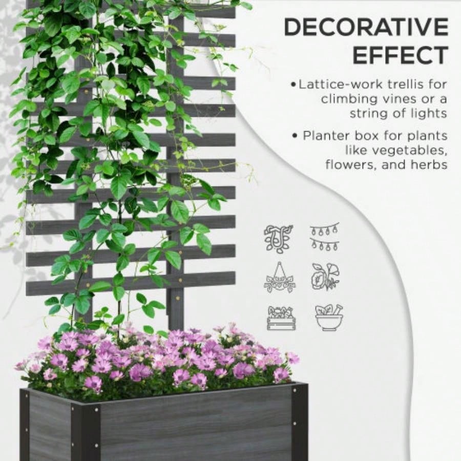 Outsunny Raised Garden Bed with Trellis, 58 Outdoor Wooden Planter Box with Wheels, Vine Plants Flowers Climbing and Planting, Gray