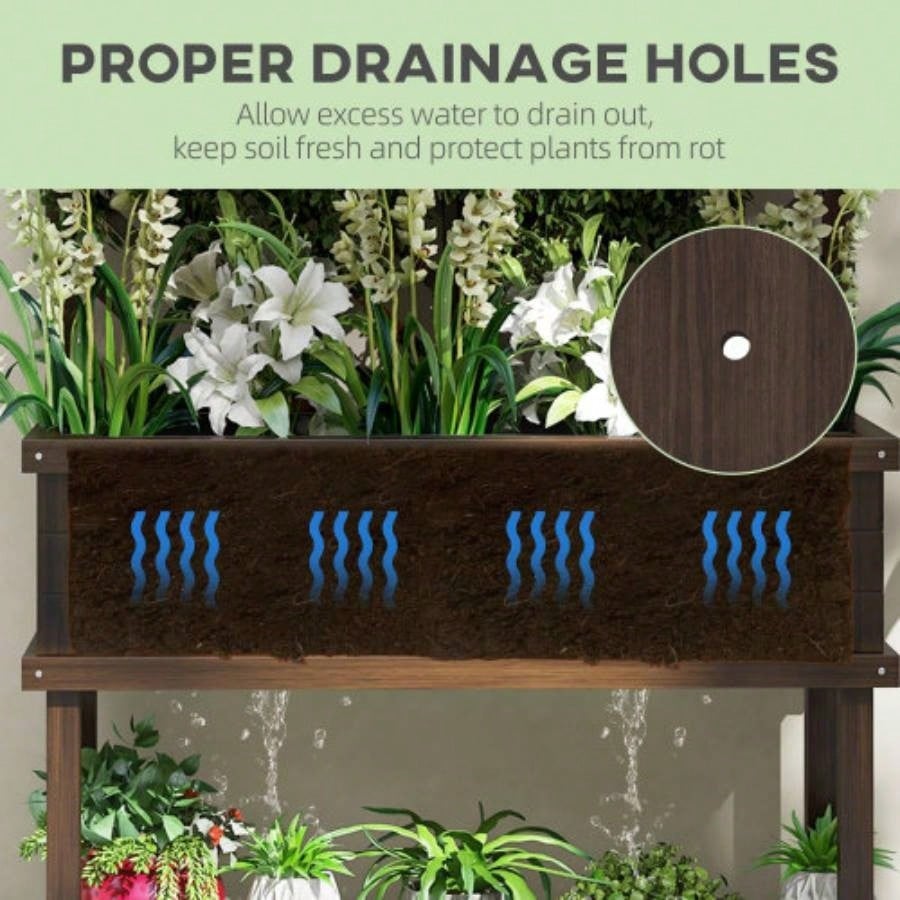 Outsunny Raised Garden Bed with Trellis Climbing Plants, Vegetable, Grape Vines, Wood Planter with, Drainage Holes and Outdoor Garden, Patio, Carbonized